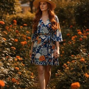 Vibrant Floral Mini Dress in Blue and Orange